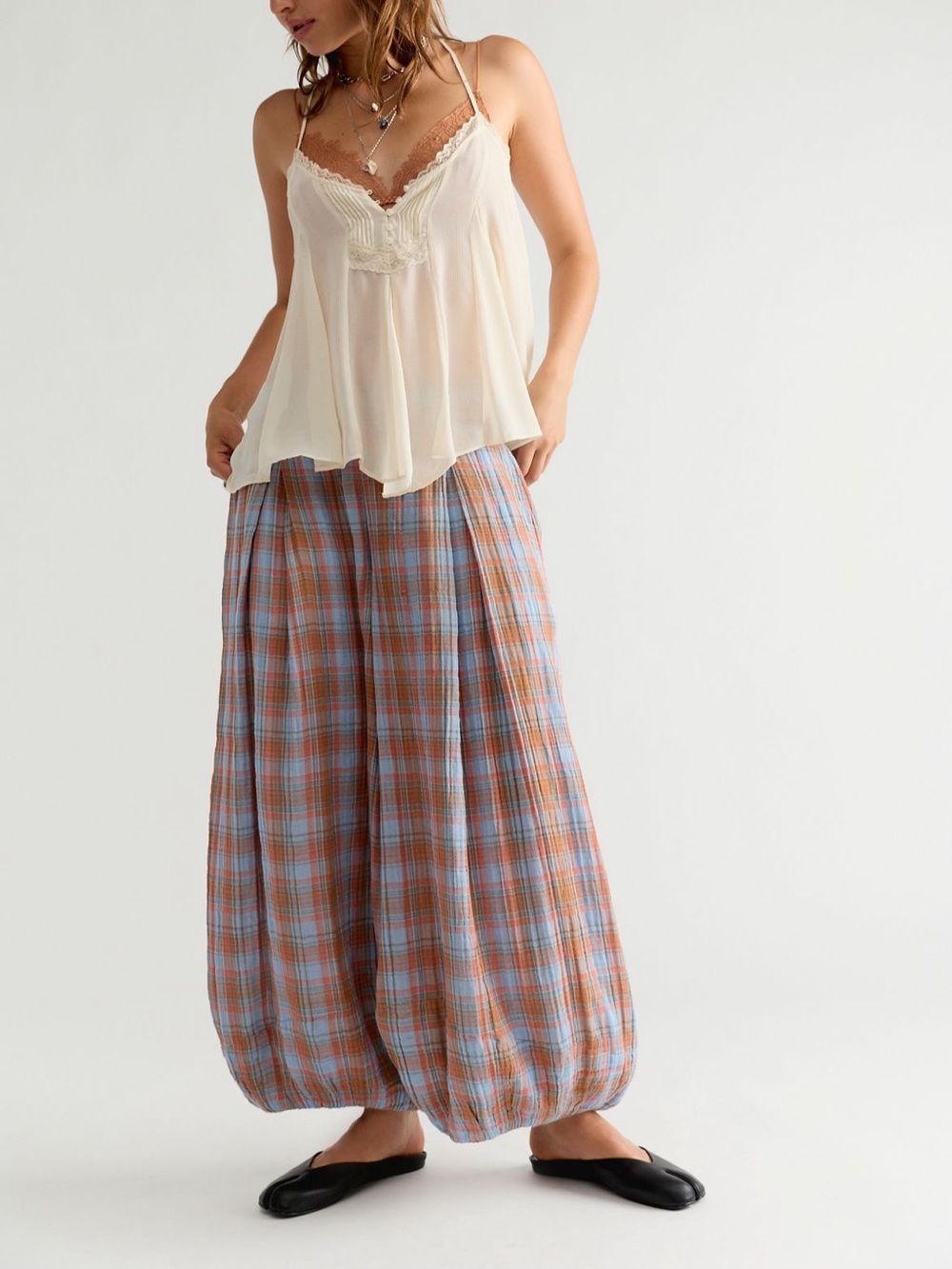 Free People Moonflower Plaid Balloon Wide-Leg Pants Size S NWT
